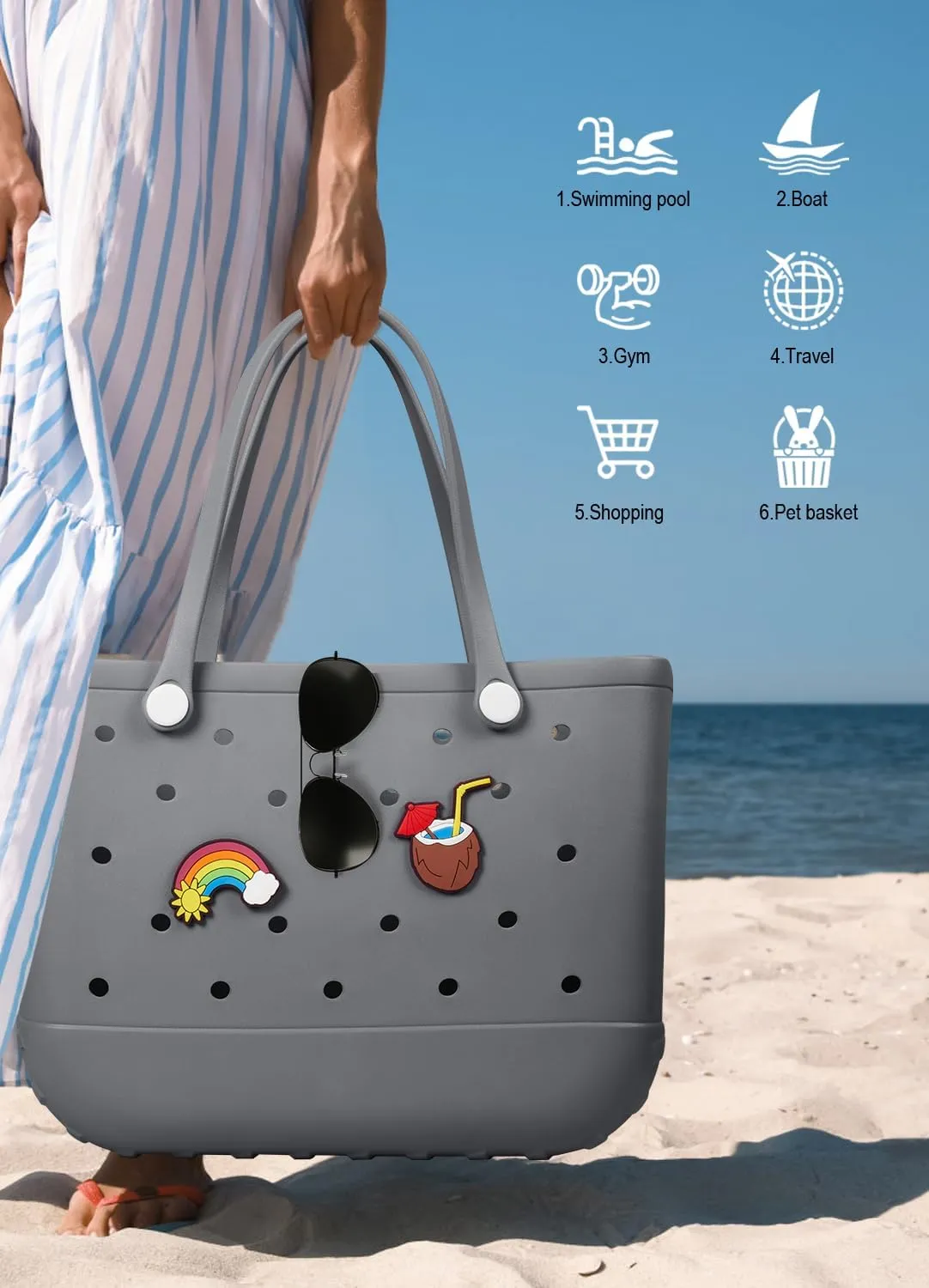 Beach Bag Rubber Tote Bag - Waterproof Travel Bag for Women Washable Tote Bag Handbag for Sports Beach Market Pool