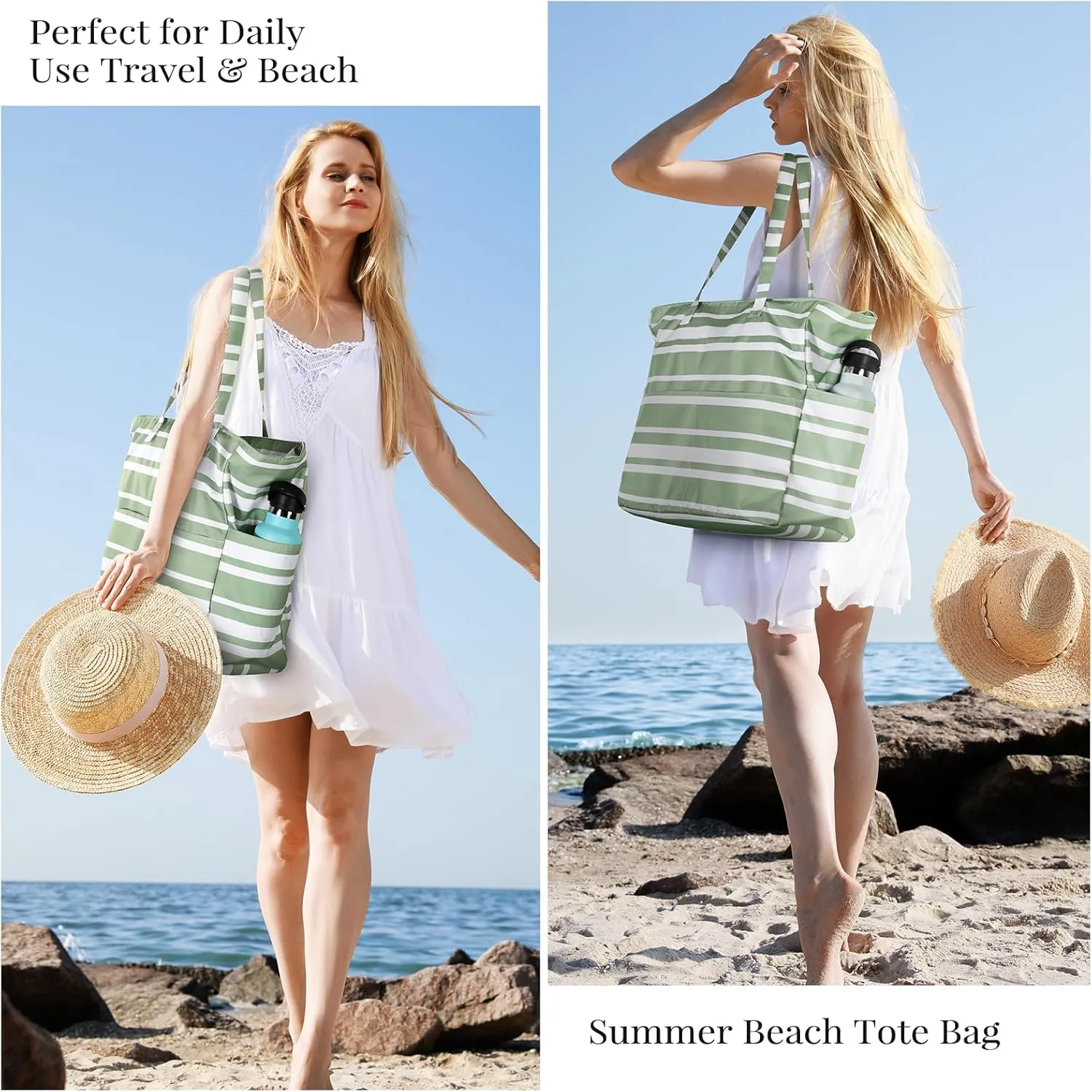 Beach Bags for Women Waterproof Sandproof Women Tote Bag, Large Beach Bag with Zipper for Gym Travel Vocation