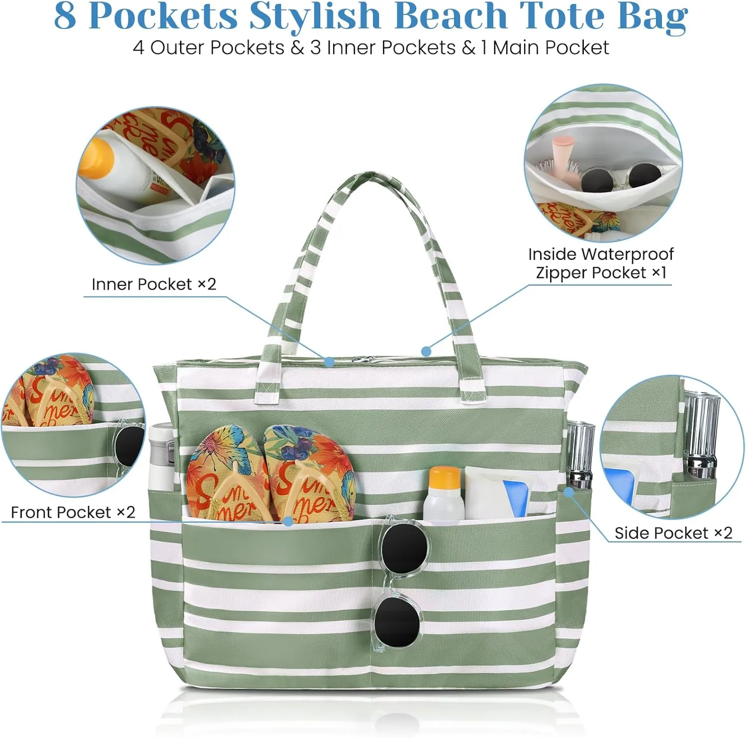 Beach Bags for Women Waterproof Sandproof Women Tote Bag, Large Beach Bag with Zipper for Gym Travel Vocation