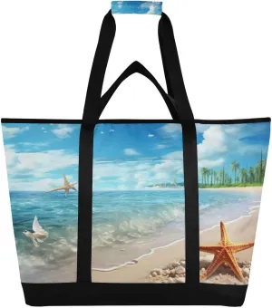 Beach Starfish Reusable Insulated Lunchbox Cooler Bag, Leakproof Kitchen Grocery Bag Collapsible Portable Cooler Tote Bag for Picnic, Camping, Office, Travel