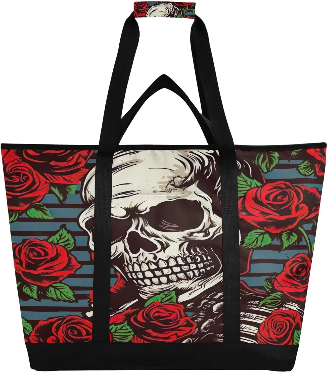 Beautiful Rose and Skull Reusable Insulated Lunchbox Cooler Bag, Leakproof Kitchen Grocery Bag Collapsible Portable Cooler Tote Bag for Picnic, Camping, Office, Travel