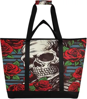 Beautiful Rose and Skull Reusable Insulated Lunchbox Cooler Bag, Leakproof Kitchen Grocery Bag Collapsible Portable Cooler Tote Bag for Picnic, Camping, Office, Travel