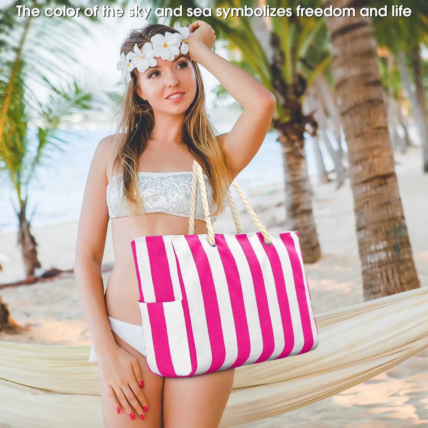 Becokan Women's Pool Swim Bag - Waterproof Sandproof Large Stripe Beach Tote with Zipper