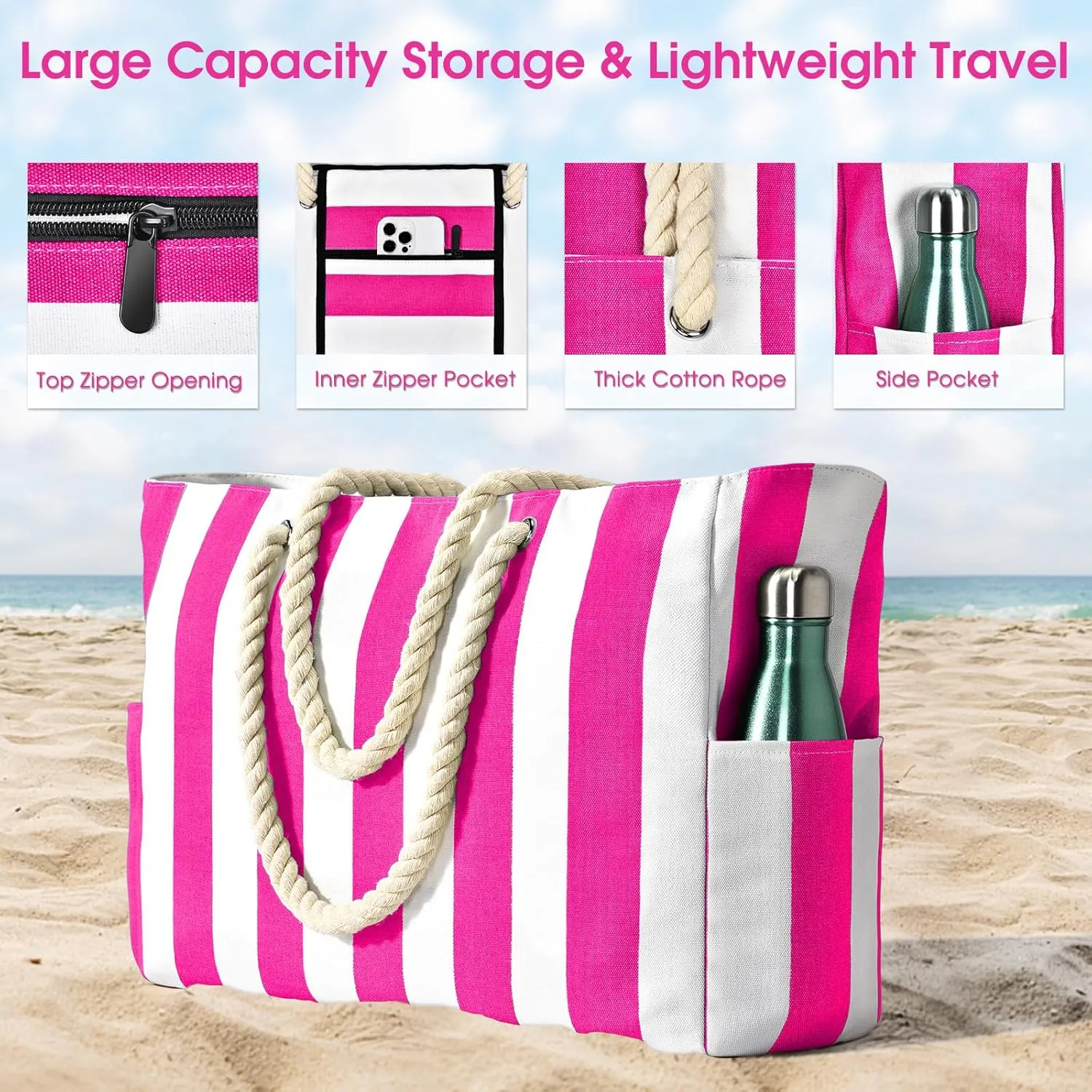Becokan Women's Pool Swim Bag - Waterproof Sandproof Large Stripe Beach Tote with Zipper