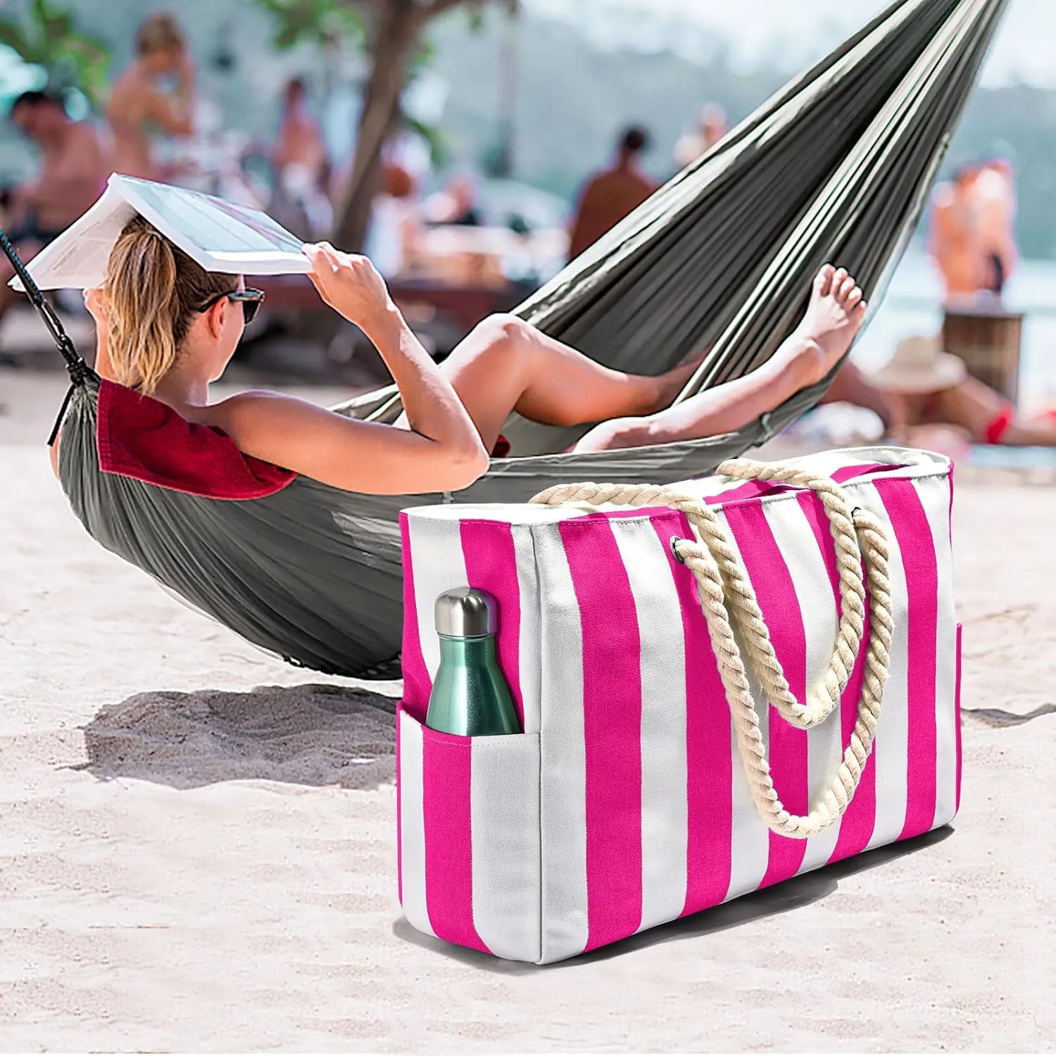 Becokan Women's Pool Swim Bag - Waterproof Sandproof Large Stripe Beach Tote with Zipper