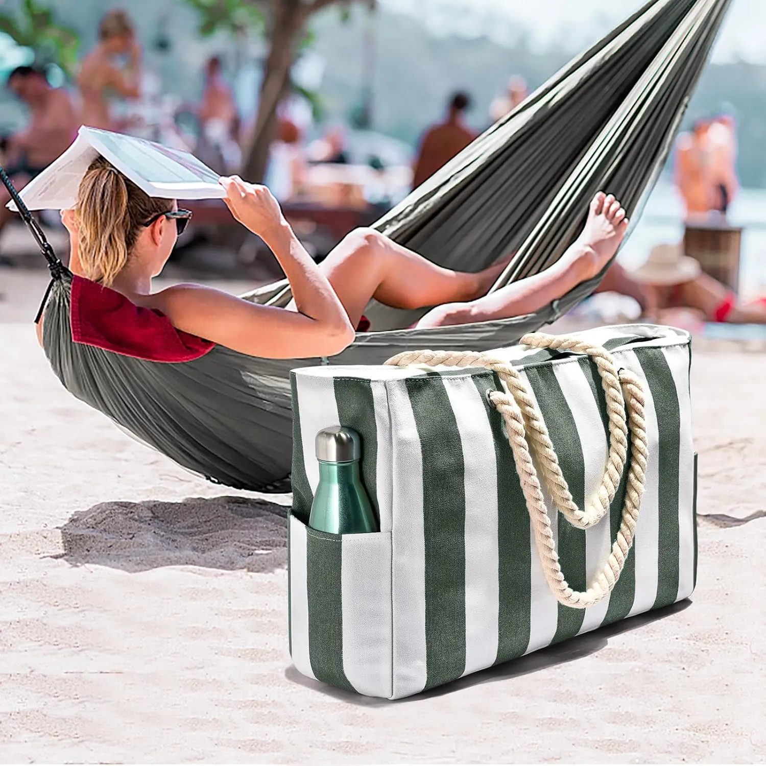 Becokan Women's Pool Swim Bag - Waterproof Sandproof Large Stripe Beach Tote with Zipper