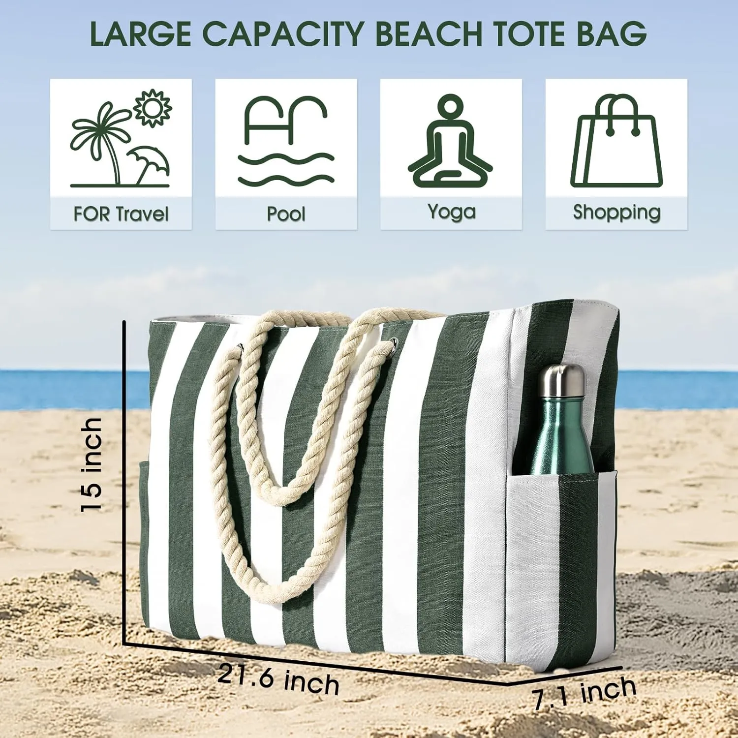 Becokan Women's Pool Swim Bag - Waterproof Sandproof Large Stripe Beach Tote with Zipper