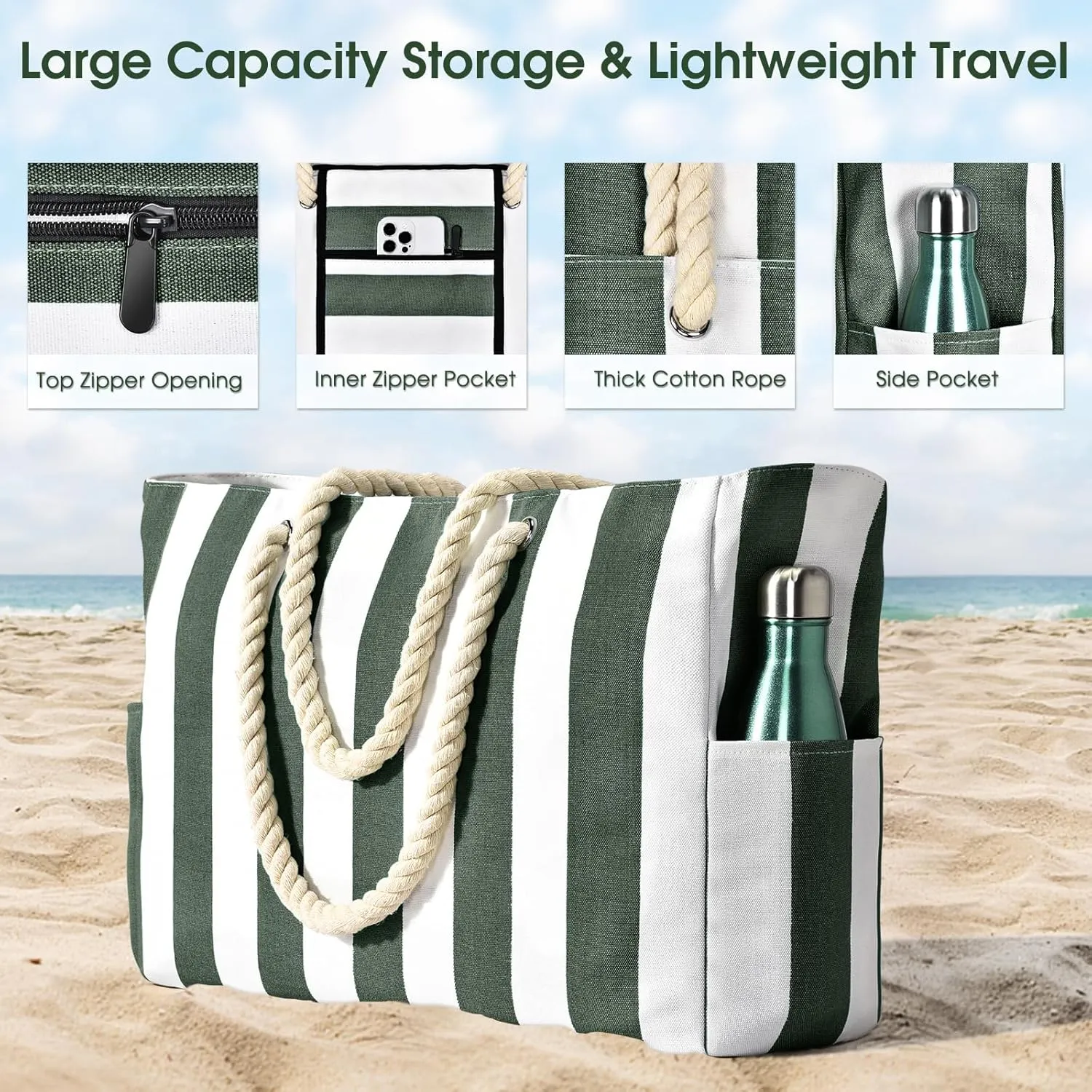 Becokan Women's Pool Swim Bag - Waterproof Sandproof Large Stripe Beach Tote with Zipper