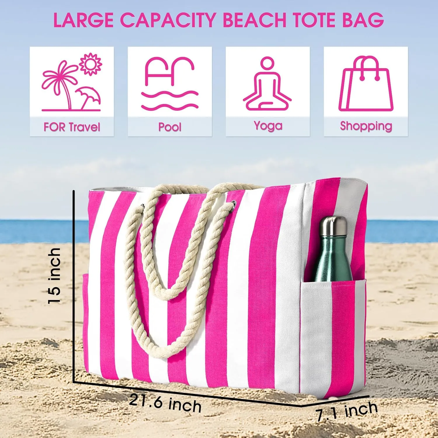 Becokan Women's Pool Swim Bag - Waterproof Sandproof Large Stripe Beach Tote with Zipper