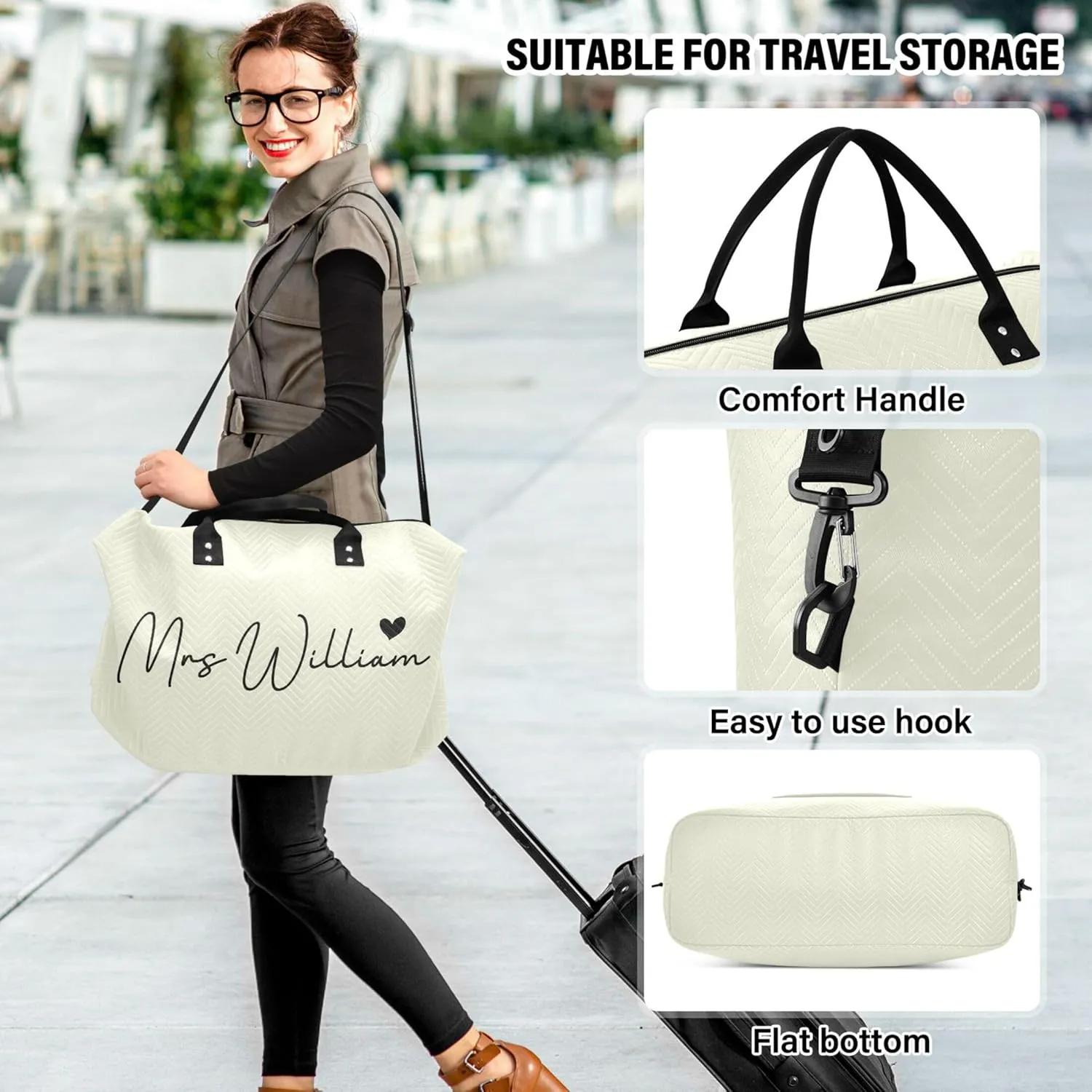 Beige Custom Travel Duffel Bag with Toiletry Bag Personalized Weekender Bag for Travel Business Sports Large Gym Carry On Bag for Women & Men