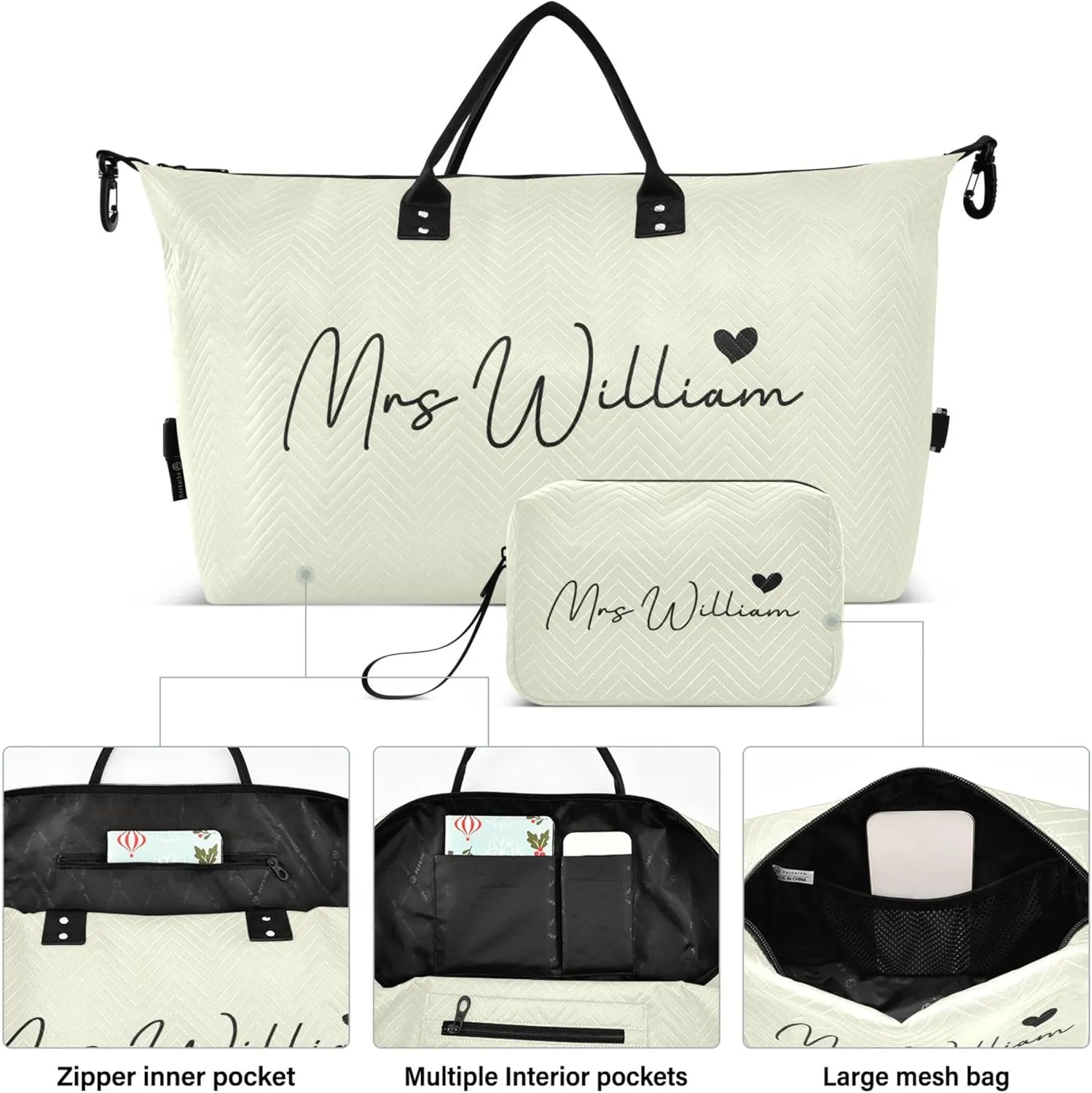 Beige Custom Travel Duffel Bag with Toiletry Bag Personalized Weekender Bag for Travel Business Sports Large Gym Carry On Bag for Women & Men