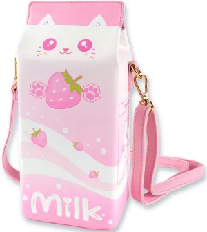 BelugaDesign Strawberry Milk Cat Purse | Pink Pastel Kawaii Anime Ears Paws Crossbody Bag Handbag | Cute Cartoon Faux Leather Carton Shape for Women with Removable Adjustable Strap