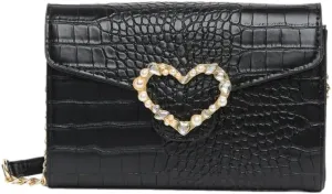 Betsey Johnson Crocodile Embossed Wallet Crossbody W/Chain Faux Pearl Crystal Rhinestone Gold Tone Heart Detail Handbag