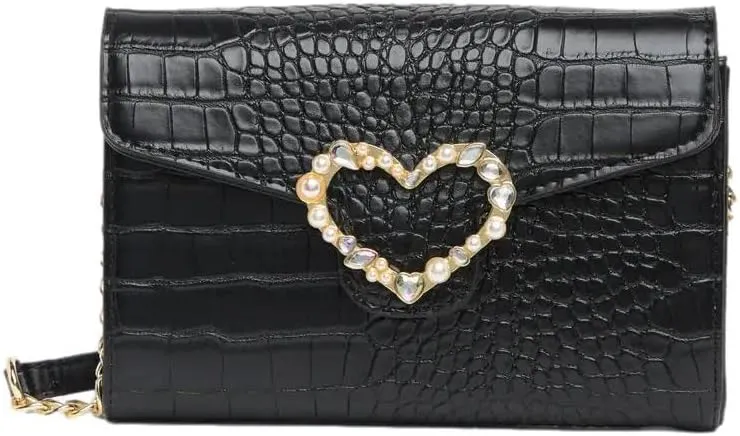 Betsey Johnson Crocodile Embossed Wallet Crossbody W/Chain Faux Pearl Crystal Rhinestone Gold Tone Heart Detail Handbag