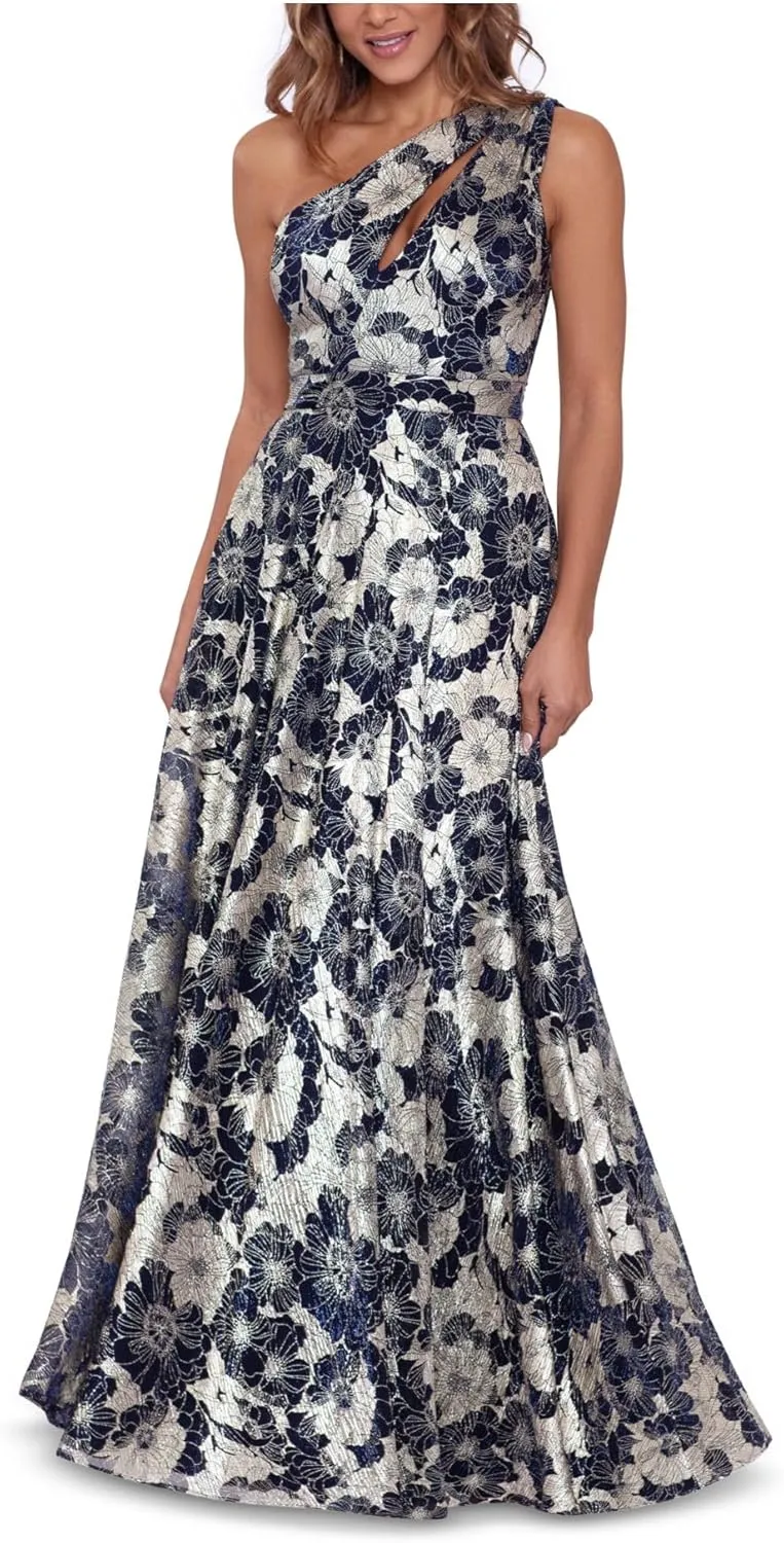 Betsy & Adam Women's Long Sleeveless One Shoulder Metallic Print Gown