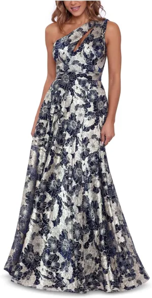Betsy & Adam Women's Long Sleeveless One Shoulder Metallic Print Gown