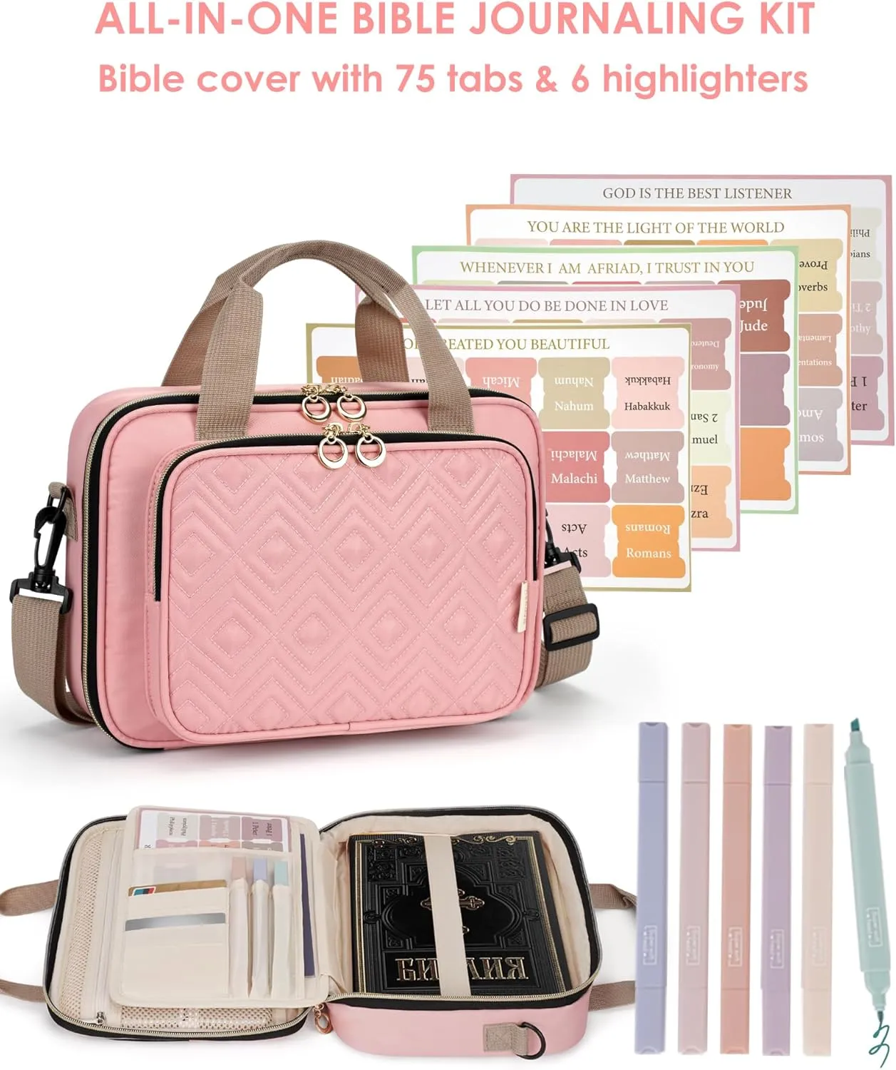 Bible Cover Case for Women 【w/6 Highlighters & Tabs】 Large Bible Bag, Bible Study Supplies Bible Journaling Kit Book Carrying Case, Mothers Day Christian Gifts