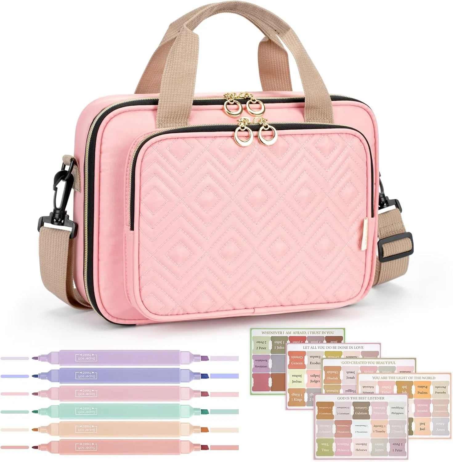 Bible Cover Case for Women 【w/6 Highlighters & Tabs】 Large Bible Bag, Bible Study Supplies Bible Journaling Kit Book Carrying Case, Mothers Day Christian Gifts