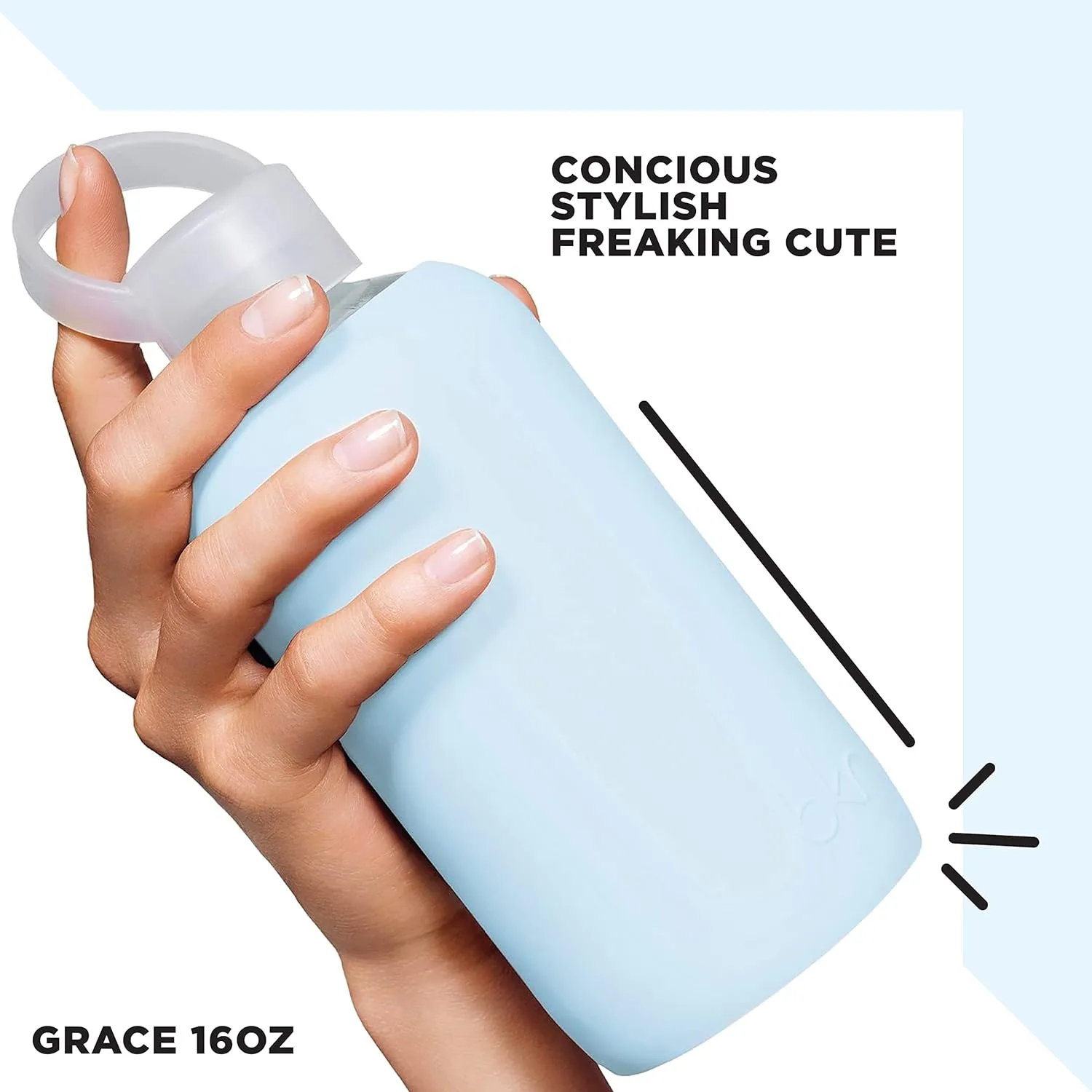 bkr - Little Smooth - Reusable Glass Water Bottle - 16oz - Fits in Cup Holder - Leakproof, Travel Friendly - BPA Free, Dishwasher Safe - Removable Silicone Sleeve & Carrying Loop