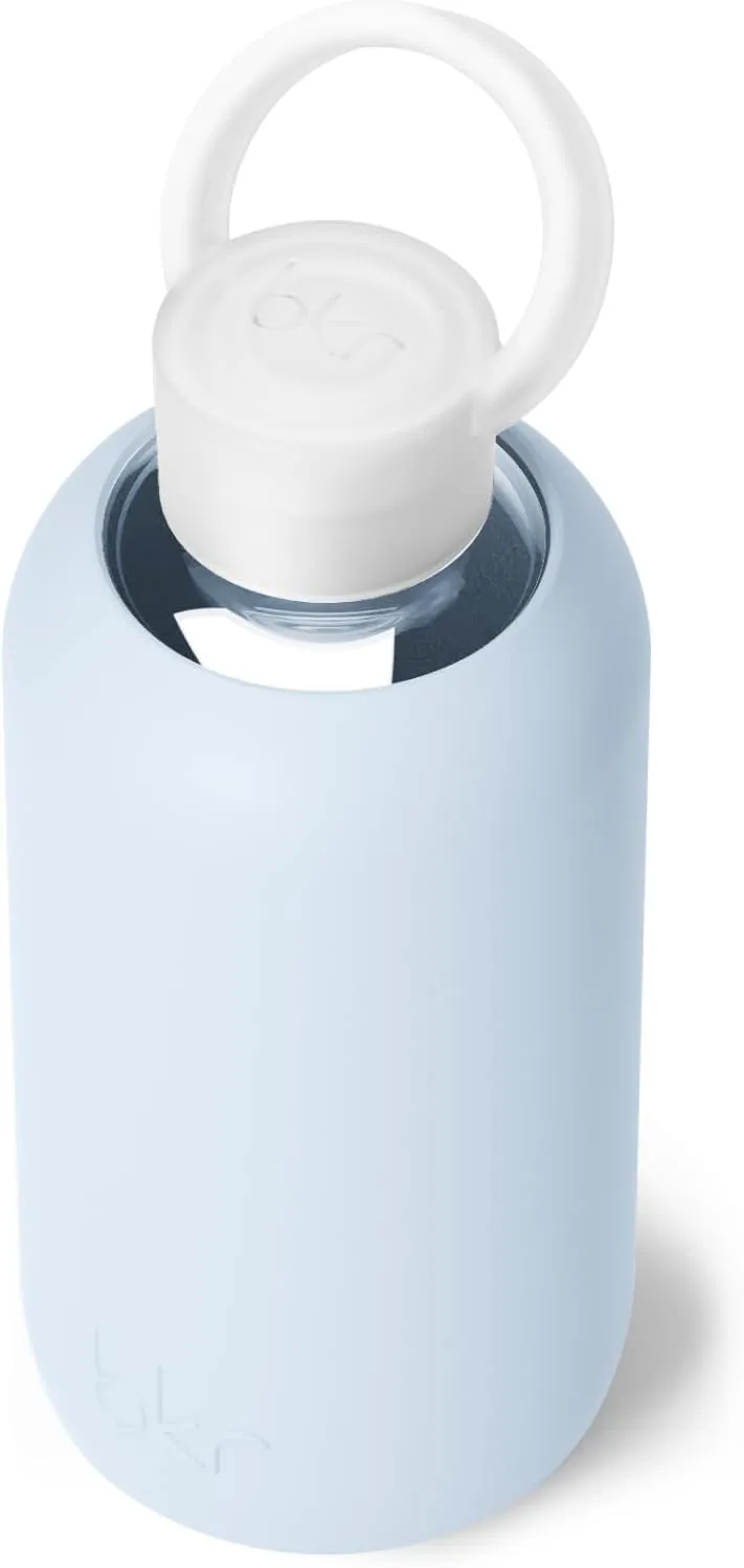 bkr - Little Smooth - Reusable Glass Water Bottle - 16oz - Fits in Cup Holder - Leakproof, Travel Friendly - BPA Free, Dishwasher Safe - Removable Silicone Sleeve & Carrying Loop