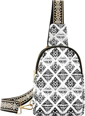 Black Aztec Print Compact Fashion Daypack Full-Print PU Leather Crossbody Bag with Card Pocket & Adjustable Strap for Women on the Go Festivals Travel & Hikes