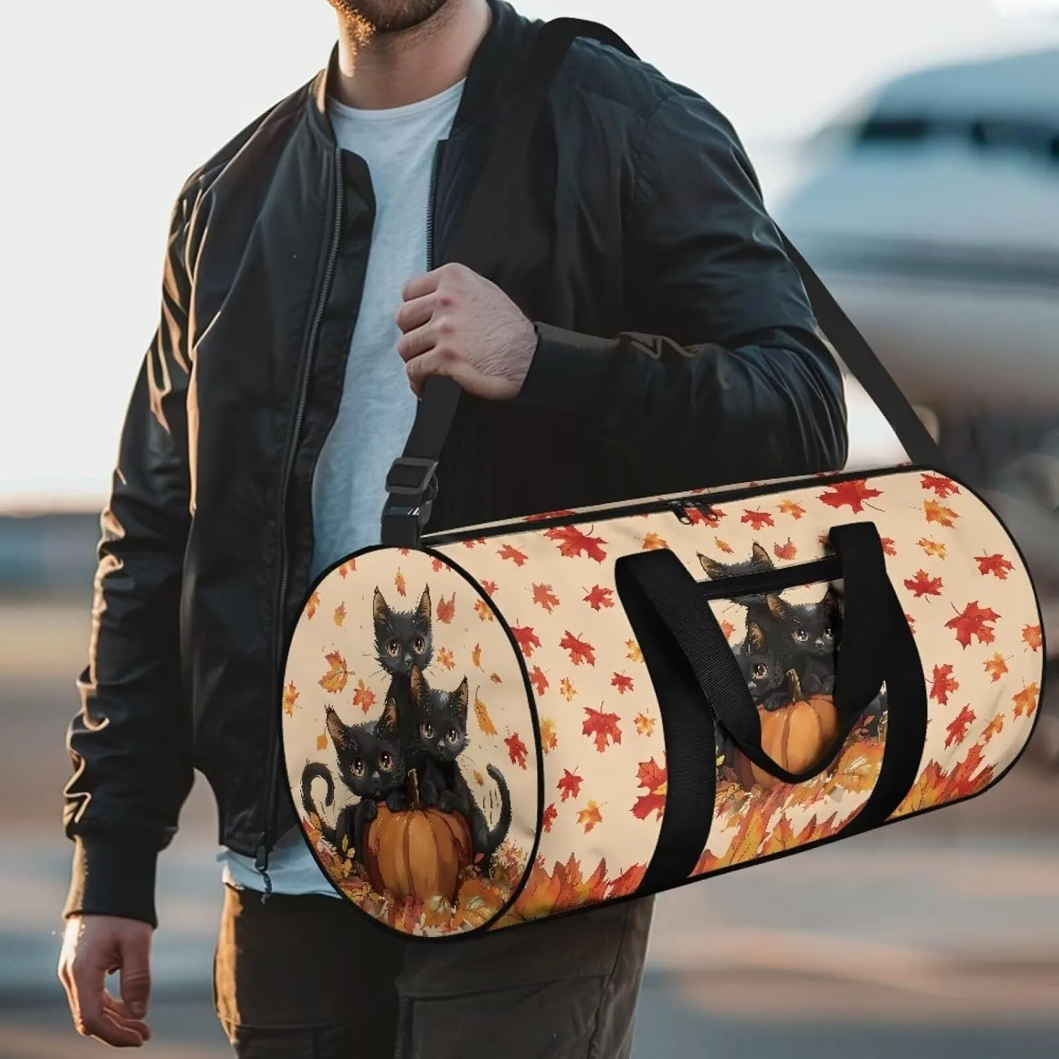 Black Cat Gym Bag for Women Maple Leaf Zipper Duffel Bag with Inner Pocket Carry On Luggage Mens Gym Carry on Duffel Bags Carry On Tote Bags for Women Portable Fitness Tote