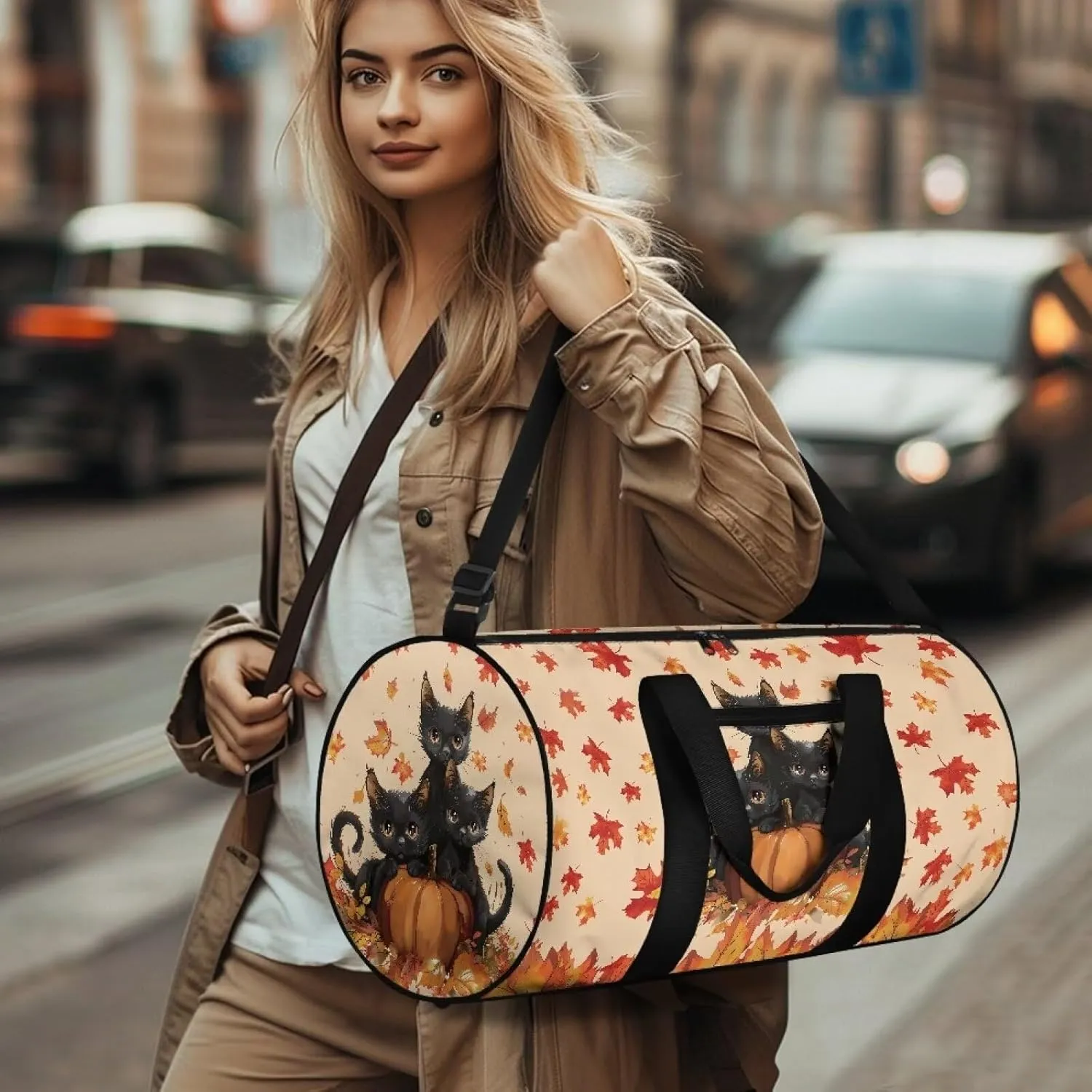 Black Cat Gym Bag for Women Maple Leaf Zipper Duffel Bag with Inner Pocket Carry On Luggage Mens Gym Carry on Duffel Bags Carry On Tote Bags for Women Portable Fitness Tote