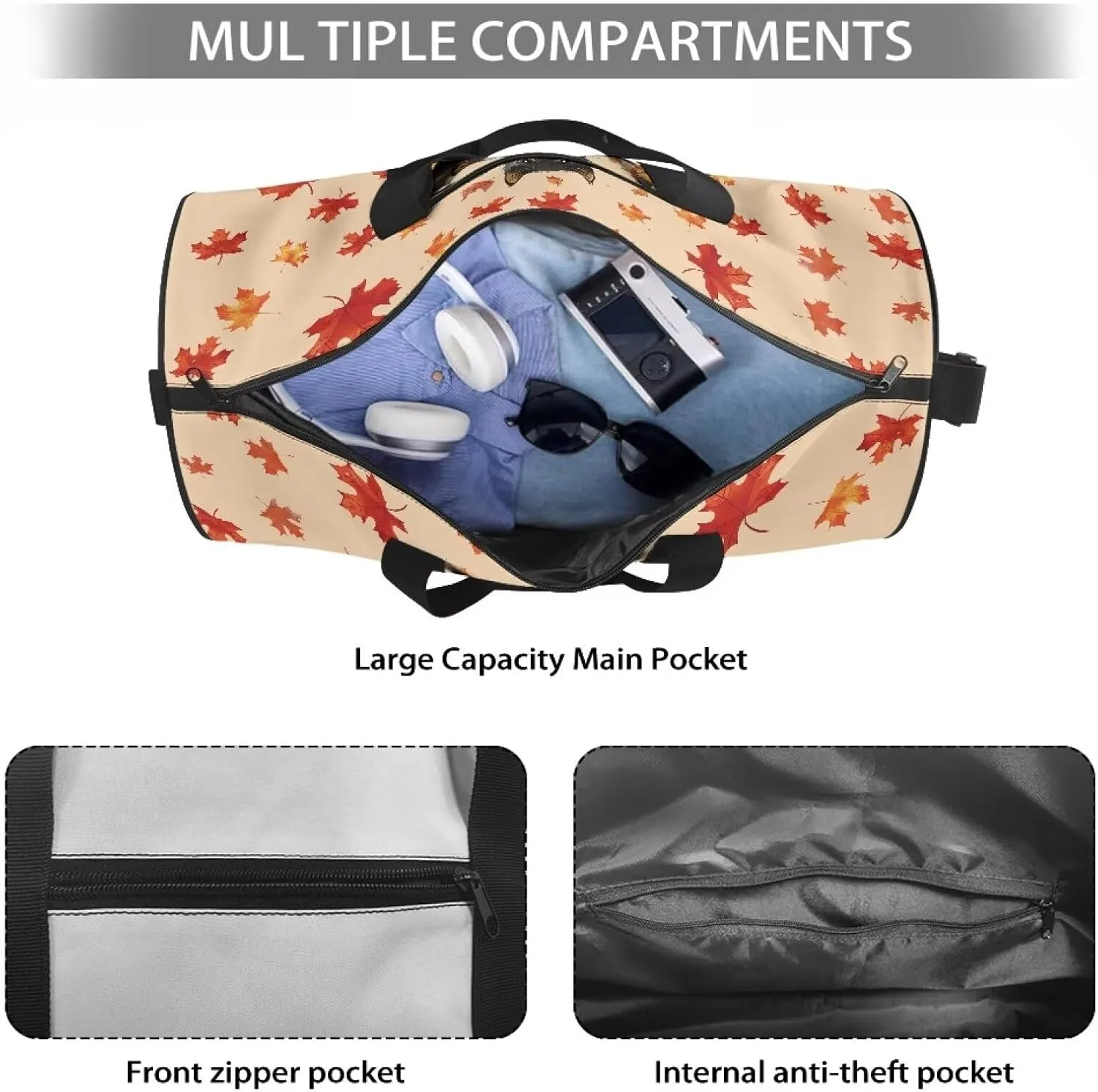 Black Cat Gym Bag for Women Maple Leaf Zipper Duffel Bag with Inner Pocket Carry On Luggage Mens Gym Carry on Duffel Bags Carry On Tote Bags for Women Portable Fitness Tote