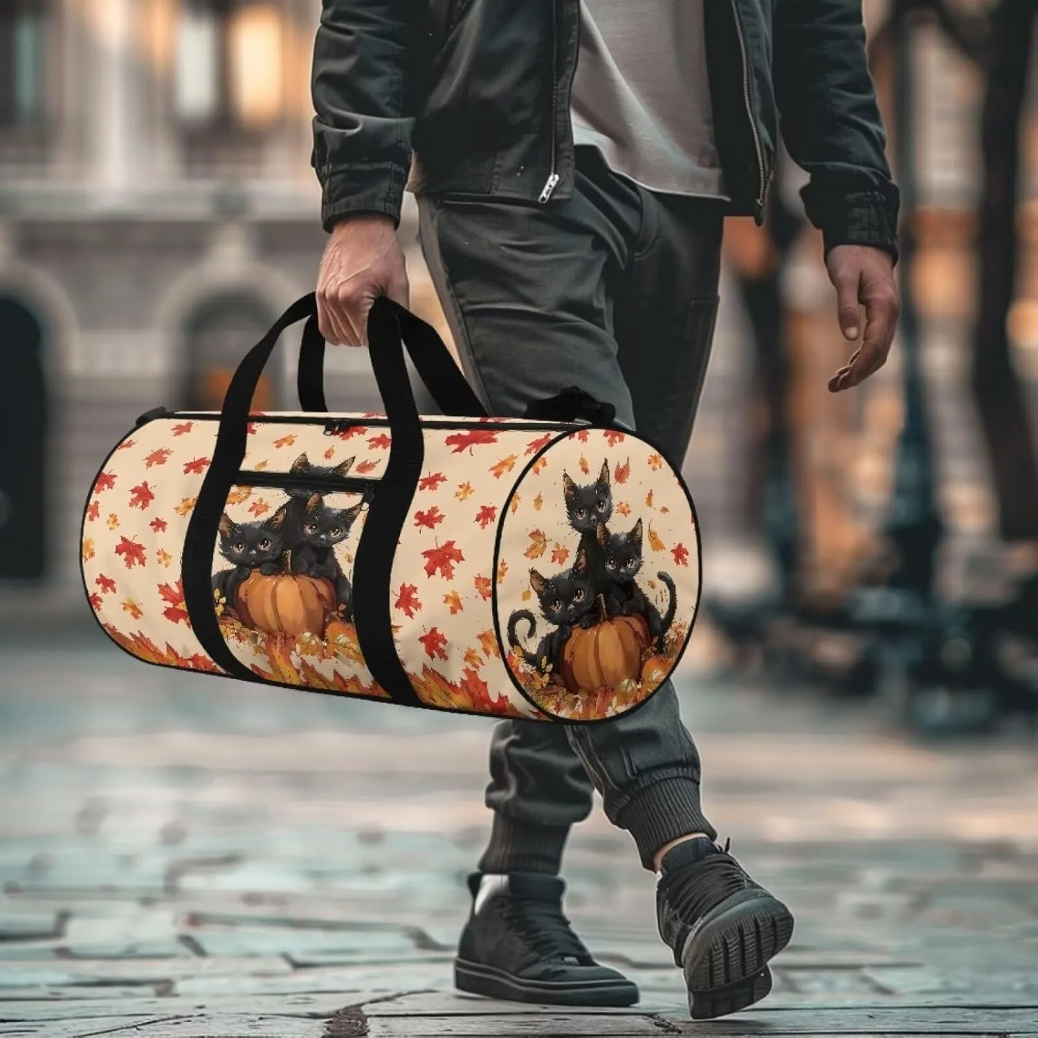 Black Cat Gym Bag for Women Maple Leaf Zipper Duffel Bag with Inner Pocket Carry On Luggage Mens Gym Carry on Duffel Bags Carry On Tote Bags for Women Portable Fitness Tote