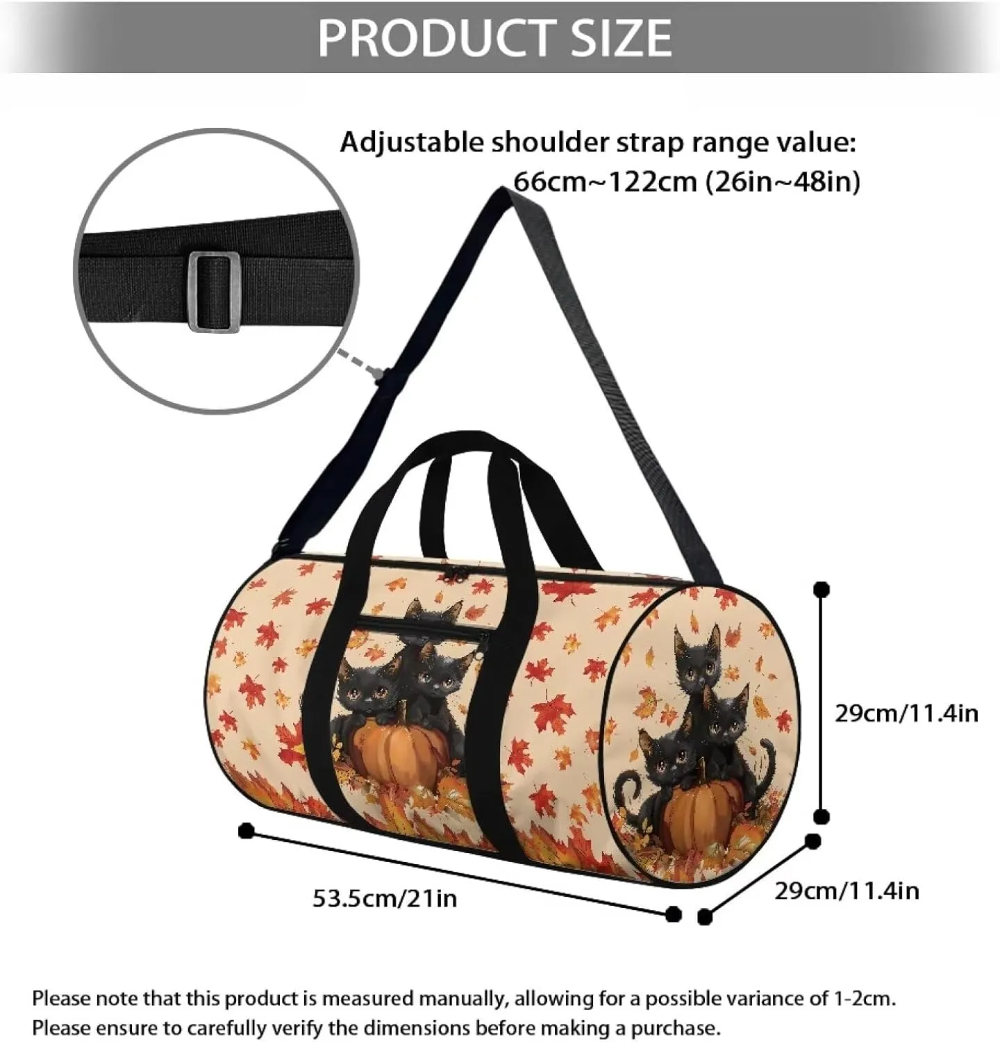 Black Cat Gym Bag for Women Maple Leaf Zipper Duffel Bag with Inner Pocket Carry On Luggage Mens Gym Carry on Duffel Bags Carry On Tote Bags for Women Portable Fitness Tote