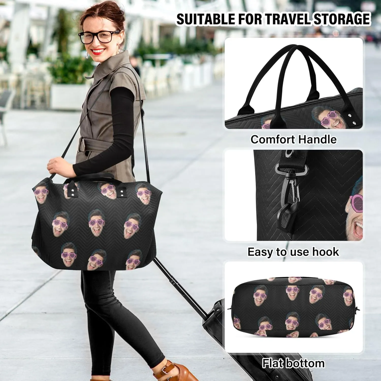 Black Custom Photo Travel Duffel Bag with Toiletry Bag Personalized Weekender Bag for Travel Business Sports Large Carry On Overnight Bag for Women & Men