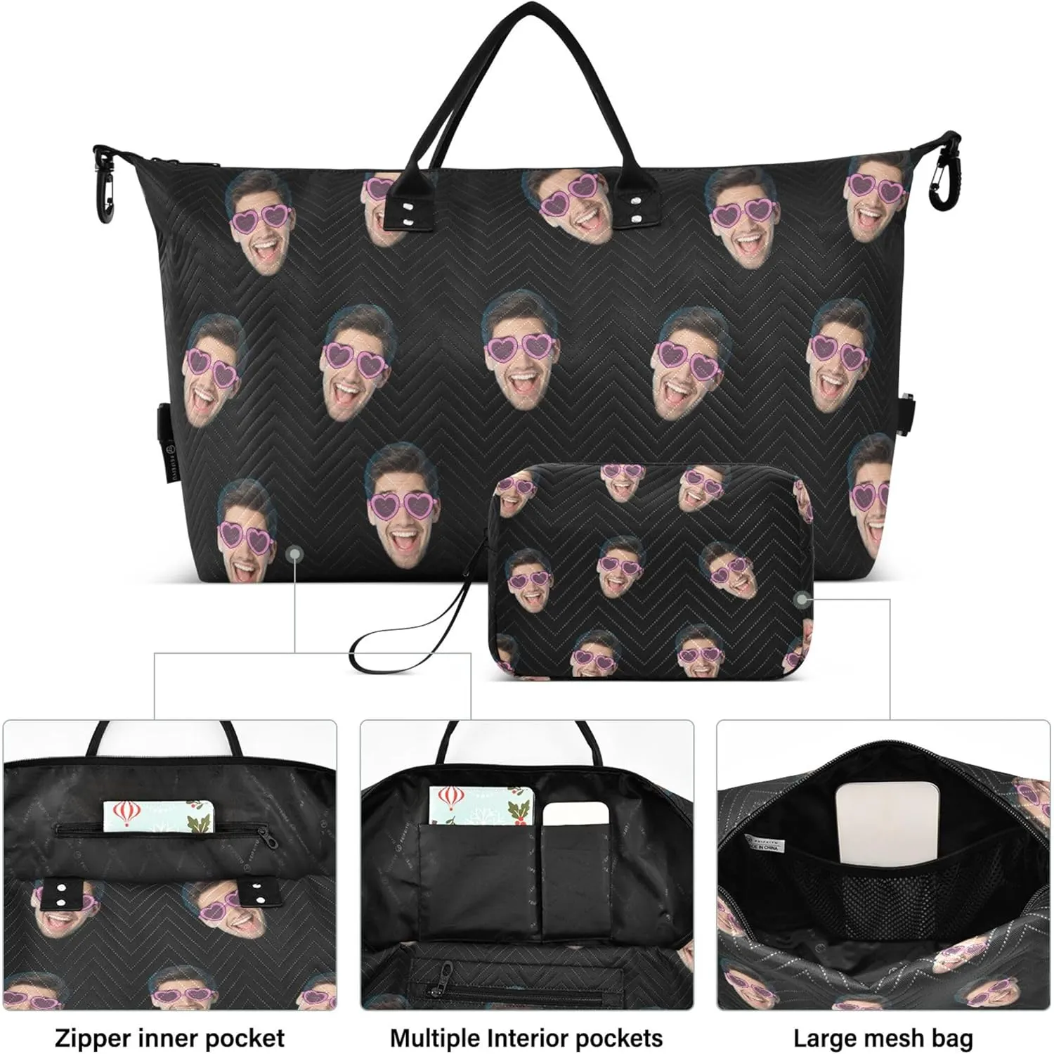 Black Custom Photo Travel Duffel Bag with Toiletry Bag Personalized Weekender Bag for Travel Business Sports Large Carry On Overnight Bag for Women & Men