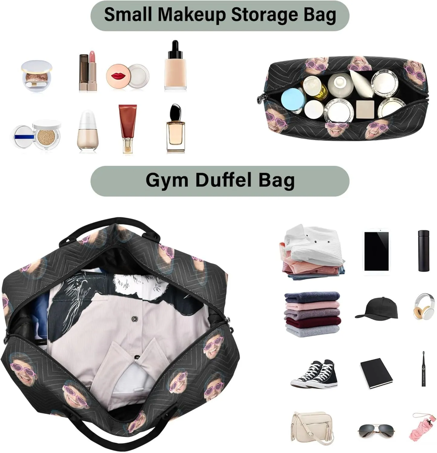 Black Custom Photo Travel Duffel Bag with Toiletry Bag Personalized Weekender Bag for Travel Business Sports Large Carry On Overnight Bag for Women & Men