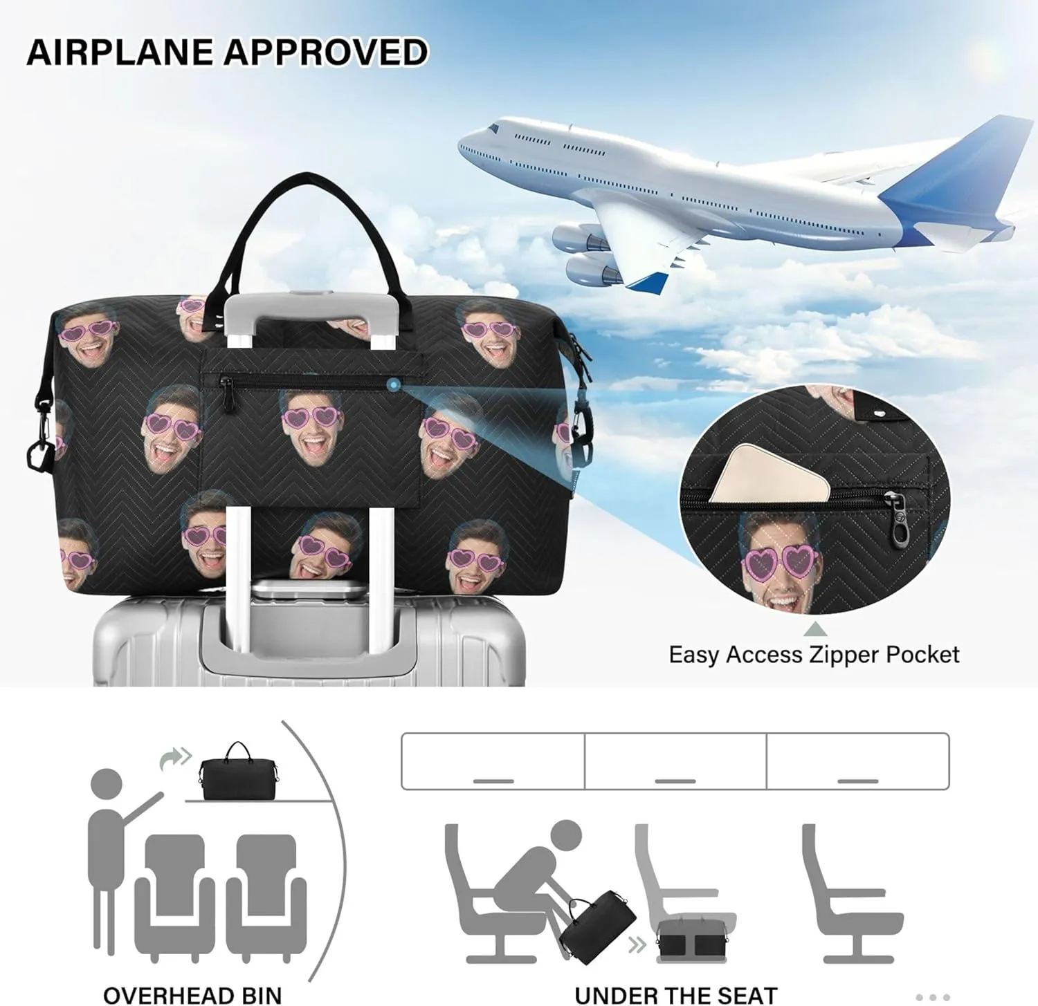 Black Custom Photo Travel Duffel Bag with Toiletry Bag Personalized Weekender Bag for Travel Business Sports Large Carry On Overnight Bag for Women & Men