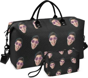 Black Custom Photo Travel Duffel Bag with Toiletry Bag Personalized Weekender Bag for Travel Business Sports Large Carry On Overnight Bag for Women & Men