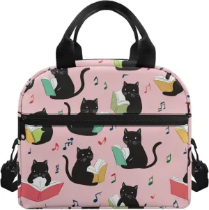 Black Kids Lunch Box Container Cat Lunch Bag Book Lunch Box with Shoulder Straps Picnic Lunchbox Back to School Insulated Lunch Bag Portable Lunchbox