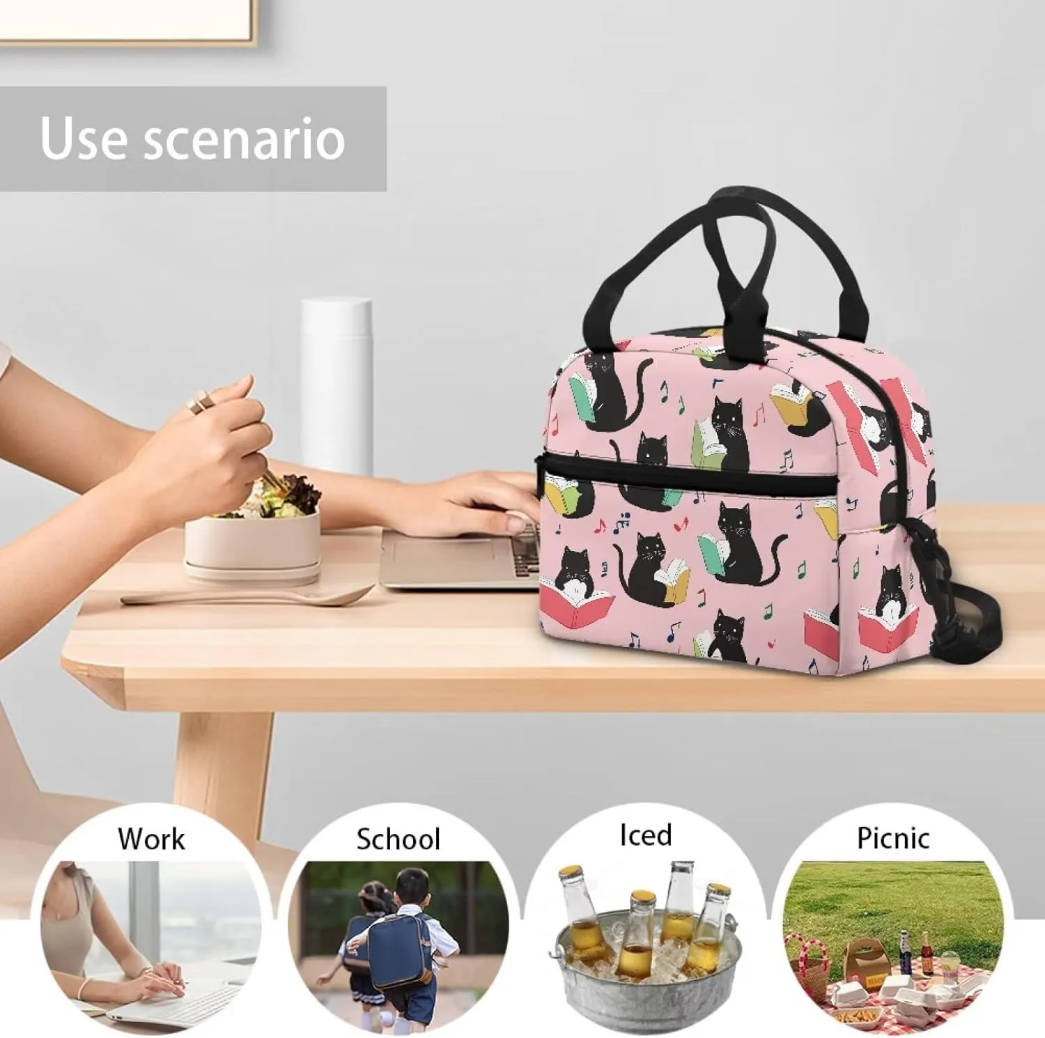 Black Kids Lunch Box Container Cat Lunch Bag Book Lunch Box with Shoulder Straps Picnic Lunchbox Back to School Insulated Lunch Bag Portable Lunchbox