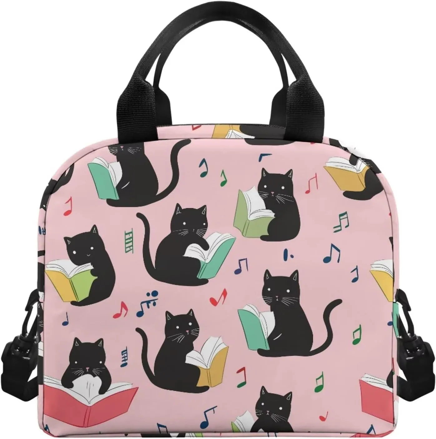 Black Kids Lunch Box Container Cat Lunch Bag Book Lunch Box with Shoulder Straps Picnic Lunchbox Back to School Insulated Lunch Bag Portable Lunchbox