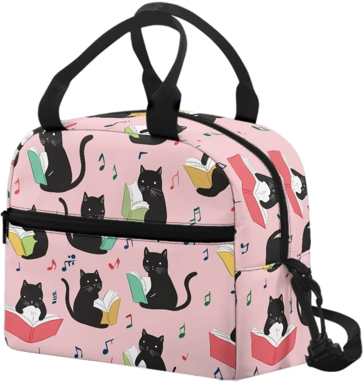 Black Kids Lunch Box Container Cat Lunch Bag Book Lunch Box with Shoulder Straps Picnic Lunchbox Back to School Insulated Lunch Bag Portable Lunchbox