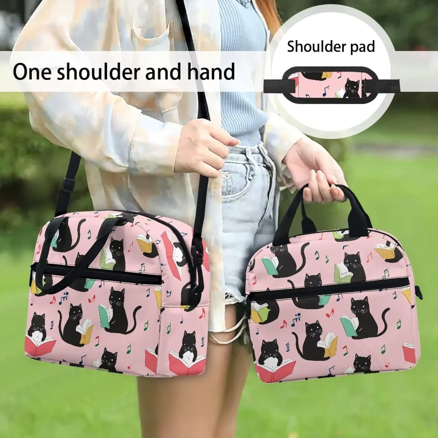Black Kids Lunch Box Container Cat Lunch Bag Book Lunch Box with Shoulder Straps Picnic Lunchbox Back to School Insulated Lunch Bag Portable Lunchbox