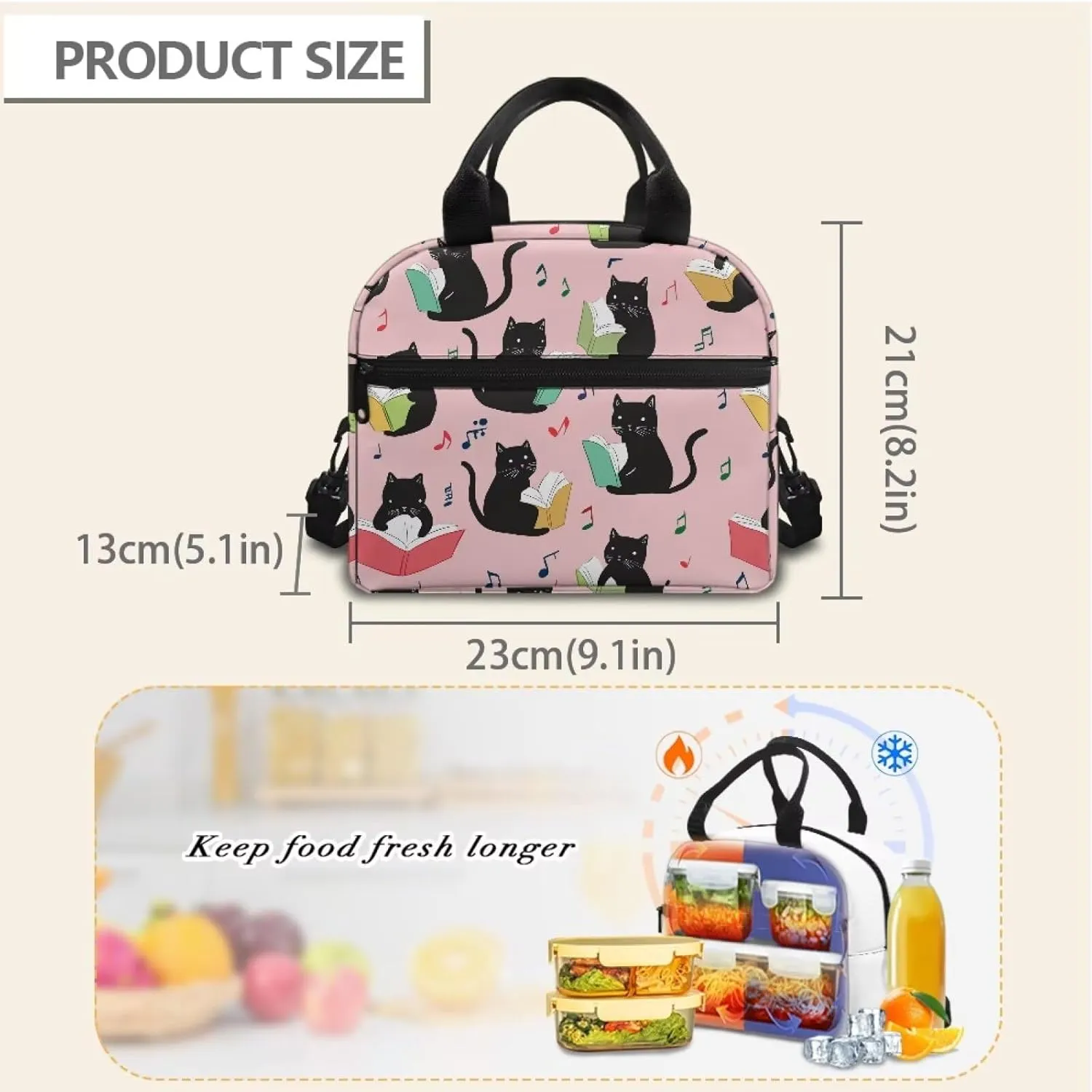 Black Kids Lunch Box Container Cat Lunch Bag Book Lunch Box with Shoulder Straps Picnic Lunchbox Back to School Insulated Lunch Bag Portable Lunchbox