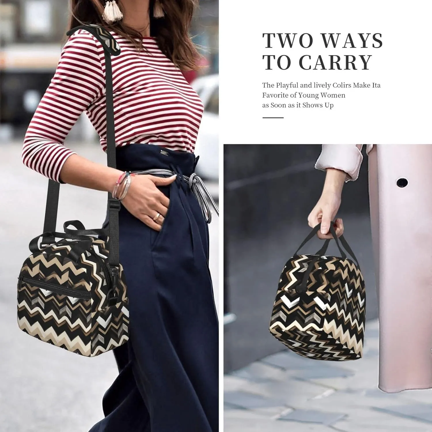Black White Tan Zigzag Print Crossbody Insulated Lunch Bags For Women Men Cooler Bag Lightweight Waterproof Lunch Box