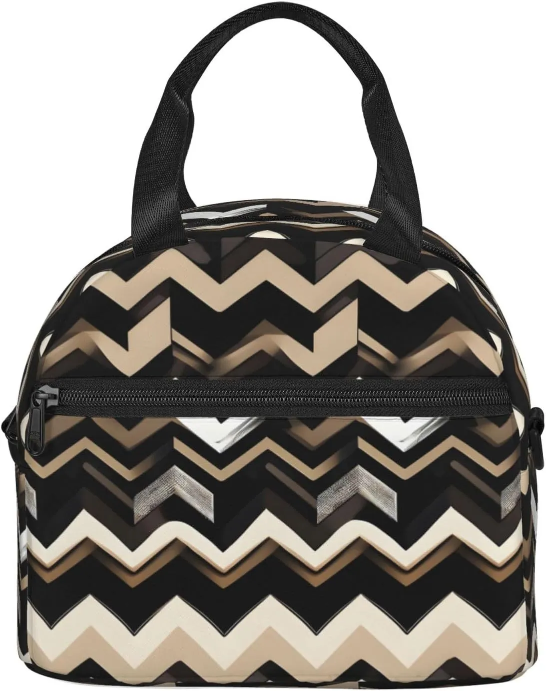 Black White Tan Zigzag Print Crossbody Insulated Lunch Bags For Women Men Cooler Bag Lightweight Waterproof Lunch Box