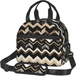 Black White Tan Zigzag Print Crossbody Insulated Lunch Bags For Women Men Cooler Bag Lightweight Waterproof Lunch Box
