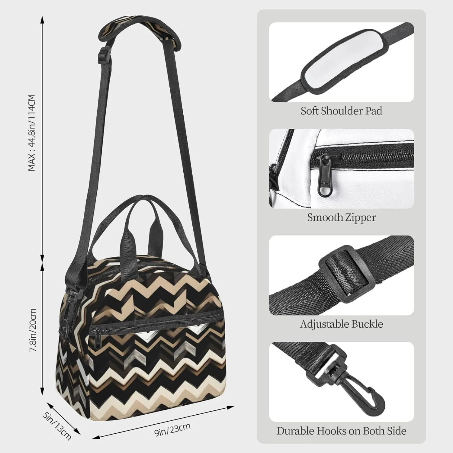 Black White Tan Zigzag Print Crossbody Insulated Lunch Bags For Women Men Cooler Bag Lightweight Waterproof Lunch Box