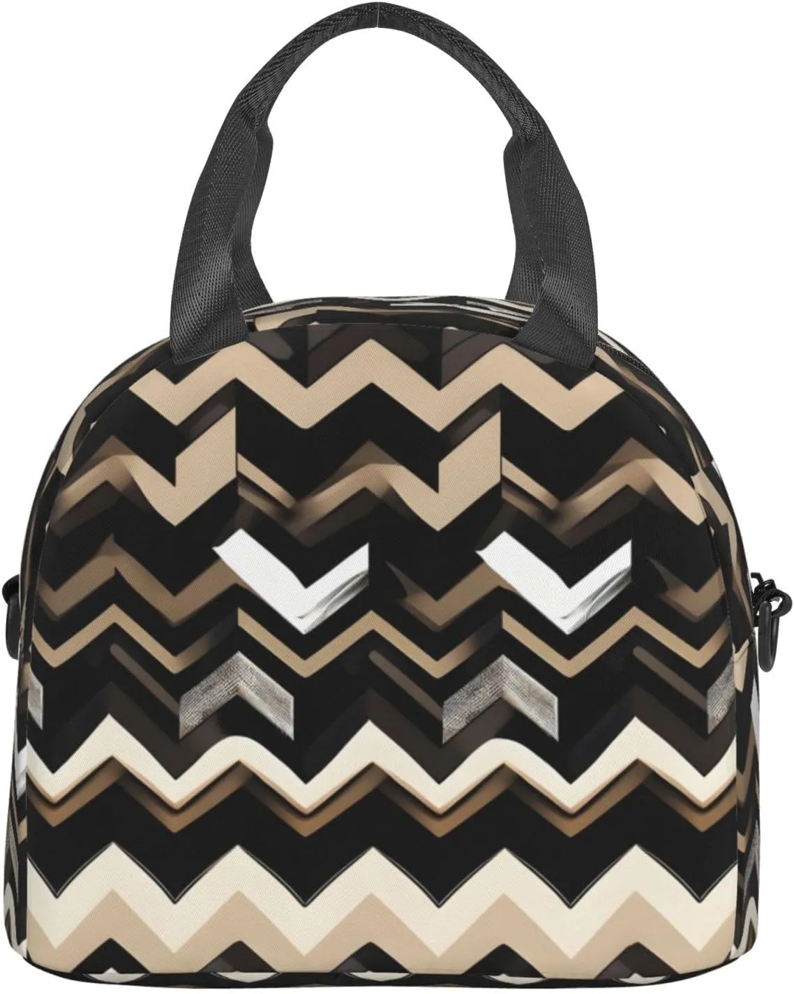 Black White Tan Zigzag Print Crossbody Insulated Lunch Bags For Women Men Cooler Bag Lightweight Waterproof Lunch Box