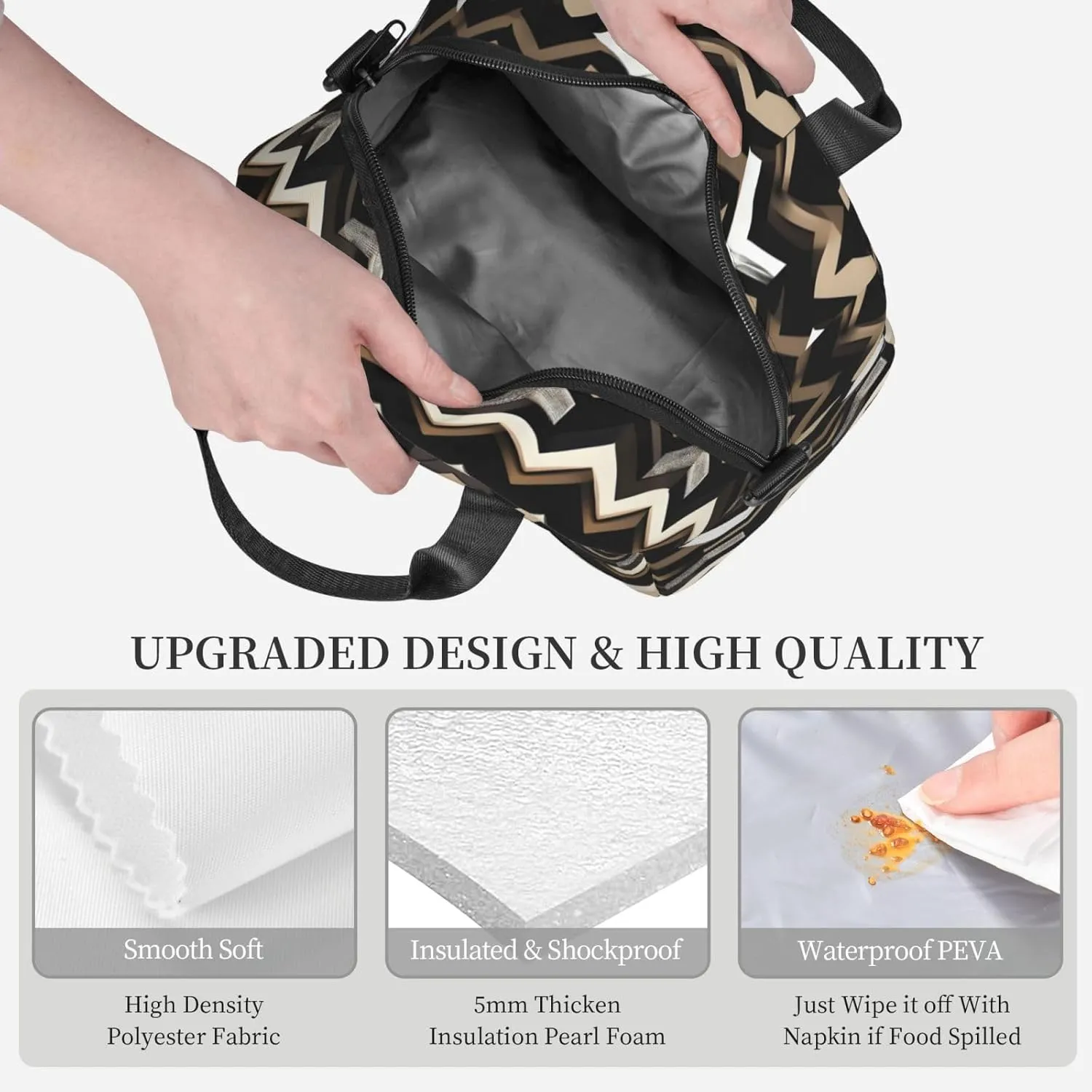 Black White Tan Zigzag Print Crossbody Insulated Lunch Bags For Women Men Cooler Bag Lightweight Waterproof Lunch Box