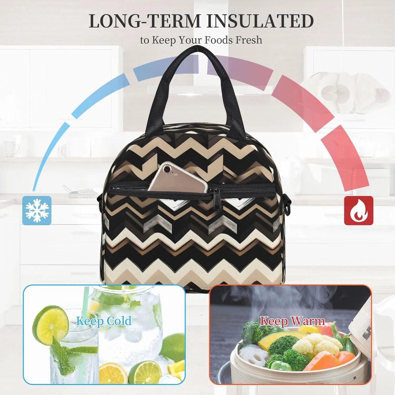 Black White Tan Zigzag Print Crossbody Insulated Lunch Bags For Women Men Cooler Bag Lightweight Waterproof Lunch Box