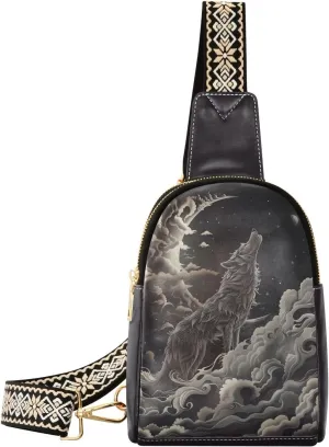 Black Wolf Compact Fashion Daypack Full-Print PU Leather Crossbody Bag with Card Pocket & Adjustable Strap for Women on the Go Festivals Travel & Hikes