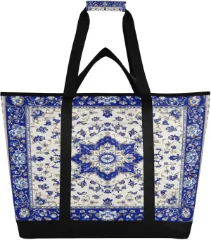 Blue and White Porcelain Foral Reusable Insulated Lunchbox Cooler Bag, Leakproof Kitchen Grocery Bag Collapsible Portable Cooler Tote Bag for Picnic, Camping, Office, Travel